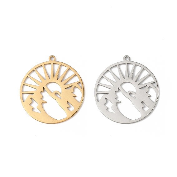 201 Stainless Steel Pendants, Flat Round with Sun & Mountain Charm