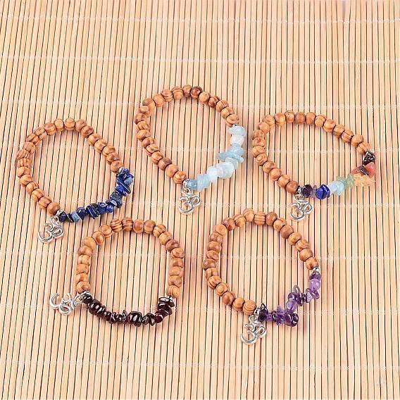 Natural Chip Gemstone Beaded Charm Bracelets, with Round Wood Beads and Tibetan Style Alloy Ohm Pendants