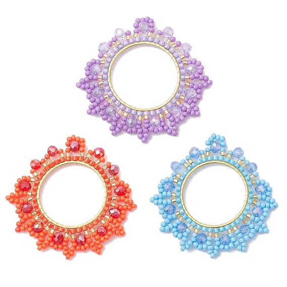 3Pcs Glass Seed Beaded Wreath Pendants, with Ion Plating(IP) 304 Stainless Steel Linking Ring