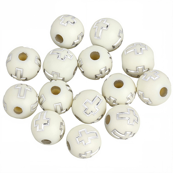 800pcs Plattierung Acrylperlen, Silber Metall umschlungen, Runde mit Quer