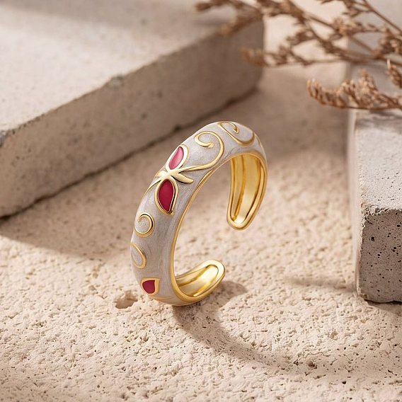 Brass Enamel Cuff Open Rings for Women, Flower Pattern, Golden
