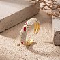 Brass Enamel Cuff Open Rings for Women, Flower Pattern, Golden