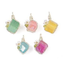 5 piezas 5 colores colgantes envueltos en alambre de cobre de cuarzo natural galvanizado, Dijes prismáticos hexagonales con forma de flor y cuentas de peridoto natural., el color plateado de plata