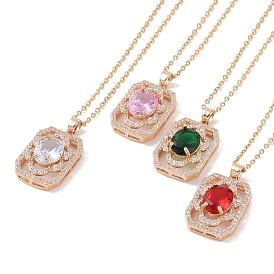 304 Stainless Steel Cable Chain Necklaces, Brass with Cubic Zirconia Pendant Necklaces, Real 18K Gold Plated, Rectangle