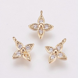 Brass Micro Pave Cubic Zirconia Charms, Long-Lasting Plated, Flower, Nickel Free, Real 18K Gold Plated