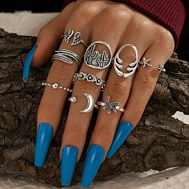 Boho Chic Ring Set with Starfish, Moon and Leaf Designs - 9 Pieces