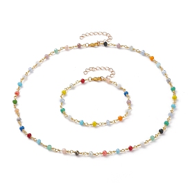 Faceted Glass Beaded Bracelet & Necklace Jewelry Sets, with Brass Eye Pin and Lobster Claw Clasps
