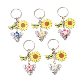 Брелки из сплава эмали, с бусинами ручной работы из полимерной глины и разъемными железными брелоками., цветок с пчелами, платина