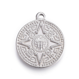 304 Stainless Steel Pendants, Flat Round with Mayan Pattern