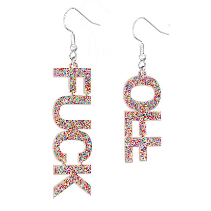 Aretes asimétricos con la palabra acrílica bling fuck & off, pendientes colgantes de hierro feminismo para mujer