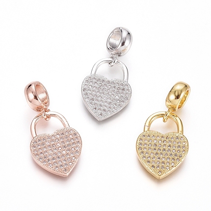 Brass Micro Pave Clear Cubic Zirconia European Dangle Charms, Large Hole Pendants, Heart Lock