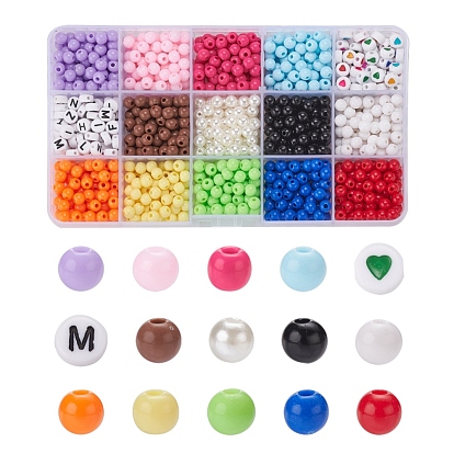 DIY Necklace Making Kit, Including 1200Pcs Opaque Acrylic & Imitation Pearl & Letter Acrylic Beads, Elastic Crystal Thread