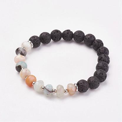 Gemstone & Lava Rock Stretch Bracelets, with Iron Beads, Stainless Steel Bead Spacer