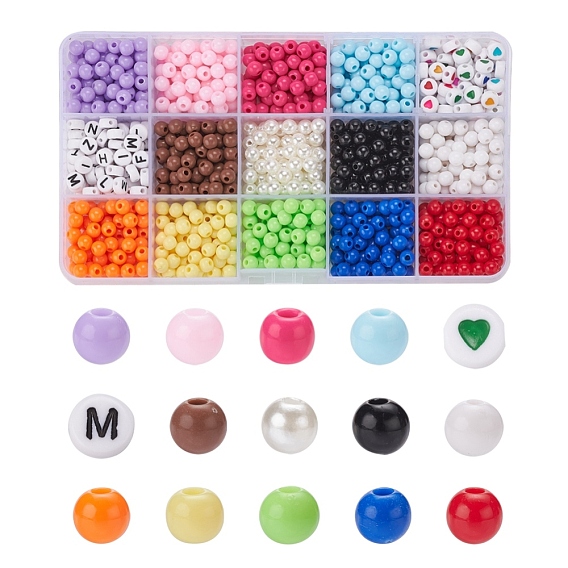 DIY Necklace Making Kit, Including 1200Pcs Opaque Acrylic & Imitation Pearl & Letter Acrylic Beads, Elastic Crystal Thread
