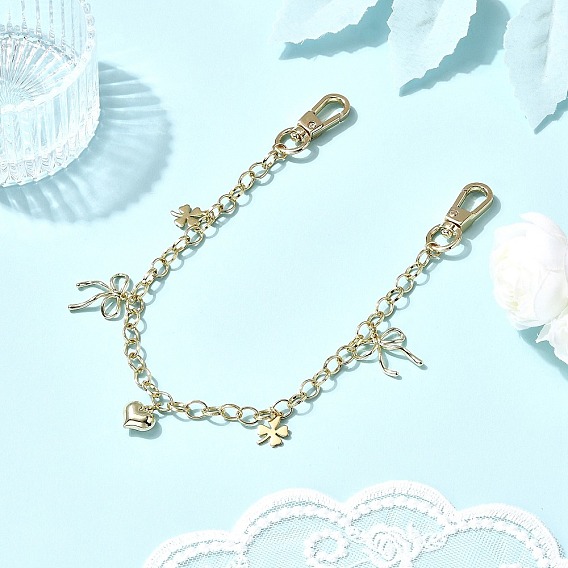 304 подвеска в виде сердца с бантом и клевером из нержавеющей стали и сплава, латунный трос, цепочка, декоративные цепочки, с поворотными застежками сплава, аксессуары для замены сумок