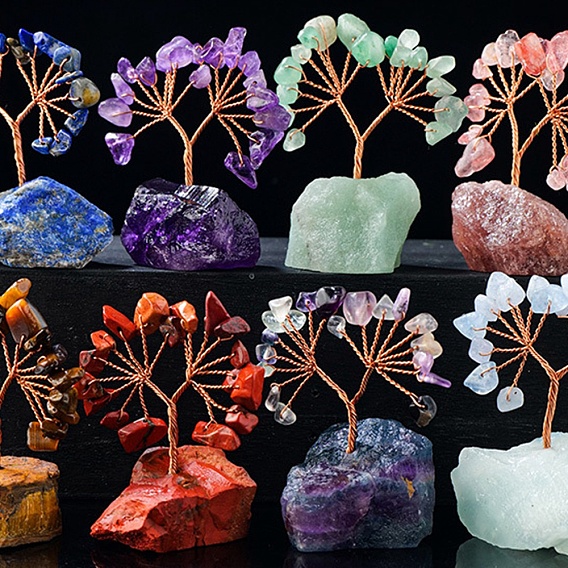 Natural Gemstone Chips Tree Decorations, Gemstone Base with Copper Wire Feng Shui Energy Stone Gift for Home Office Desktop Ornament