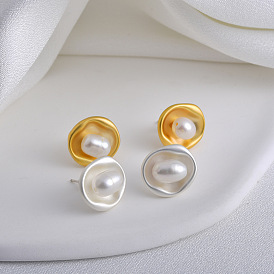 Flat Round Brass & Freshwater Pearl Stud Earrings for Women