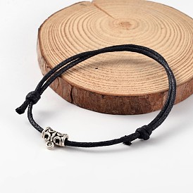 Bracelets réglables en cordon de coton ciré, avec les accessoires en alliage, argent antique, 65mm