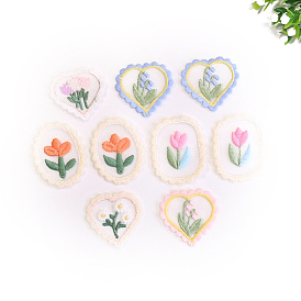 Flower Embroidery Style Cotton Iron on/Sew on Patches, Appliques, Badges, with Gold Rim, for Clothes