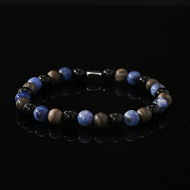 Мужские браслеты из круглых бусин натурального содалита, древесного камня и черного оникса (окрашенных и нагретых)