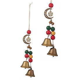 Christmas Theme Schima Wood Beaded Pendant Decorations, Iron Bell Wind Chimes with Alloy Moon & Star