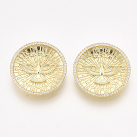 Brass Micro Pave Cubic Zirconia Pendants, Flat Round with Bird, Golden