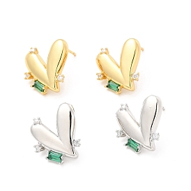 Green Cubic Zirconia Heart Stud Earrings, Brass Jewelry for Women, Cadmium Free & Lead Free