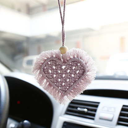 Heart Shaped Boho Handmade Macrame Cotton Hanging Ornament, for Car Rear View Mirror Decoration