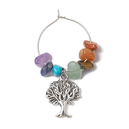 Alloy Tree of Life Wine Glass Charm, with Chakra Gemstone Chips