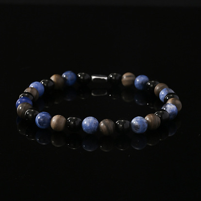 Мужские браслеты из круглых бусин натурального содалита, древесного камня и черного оникса (окрашенных и нагретых)