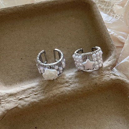 Manchette ouverte en alliage et perles de plastique pour femmes, platine