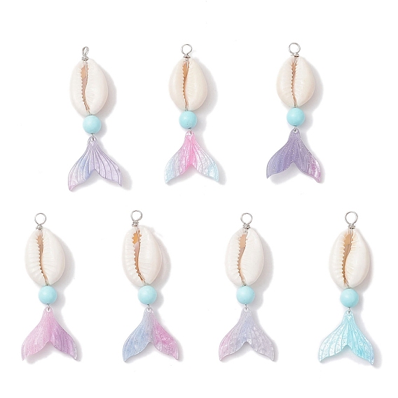 Большие подвески в виде хвоста русалки из натурального окрашенного говлита, натуральной ракушки каури и ацетата целлюлозы (смолы), с петлями из медной проволоки, разнообразные