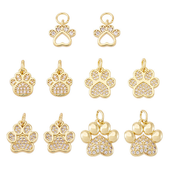 10Pcs 5 Styles Rack Plating Brass Micro Pave Cubic Zirconia Charms, with Jump Ring, Long-Lasting Plated, Cadmium Free & Lead Free, Dog's Paw Print Charm