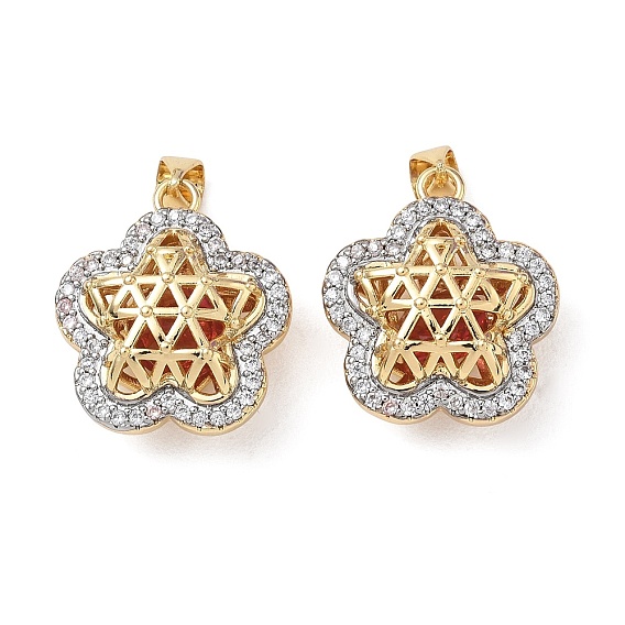 Brass Micro Pave Clear Cubic Zirconia Pendants, with Glass, Flower Charms