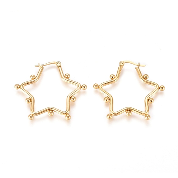 304 Stainless Steel Hoop Earrings, Hypoallergenic Earrings, with Round Beads, Star