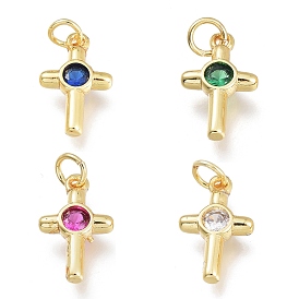 Brass Micro Pave Cubic Zirconia Tiny Cross Charms, with Jump Rings, Golden