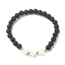 Natural Lava Rock Round Beaded Bracelets, with Shell, for Women