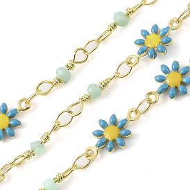 Enamel Flower Link Chains, with Glass Seed Beaded and Real 18K Gold Plated Brass Chain, Soldered, with Spools, Long-Lasting Plated, Cadmium Free & Lead Free