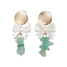 Natural Green Aventurine Chip & Bowknot ABS Imitation Pearl Dangle Earrings, Brass Stud Earrings for Women