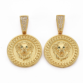 Brass Micro Pave Cubic Zirconia Pendants, Nickel Free, Flat Round with Lion