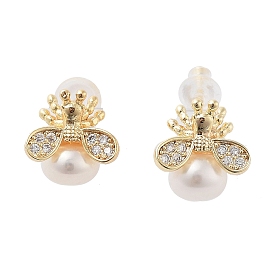 Natural Pearl Ear Studs, with Brass Micro Pave Cubic Zirconia Findings and 925 Sterling Silver Pins, Bees