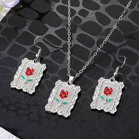 Romantic Rose Square Pendant Necklace & Geometric Metal Flower Earrings Set