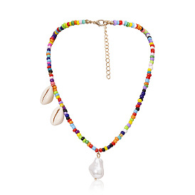 Bohemian Multi-layer Beaded Choker Necklace for Women, Handmade Colorful Rice Pearl Jewelry