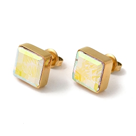 Glass Square Stud Earrings, 304 Stainless Steel Jewelry for Women