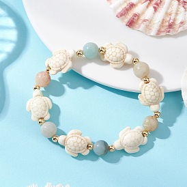 Браслеты из окрашенной синтетической бирюзы и натуральных бусин амазонита в форме цветка, эластичные, для женщин и мужчин., черепаха