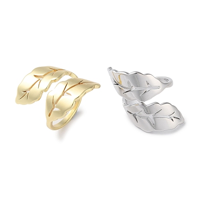 Rack Plating Brass Open Rings, Leaf Cuff Finger Ring for Women, Long-Lasting Plated, Lead Free & Cadmium Free