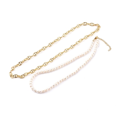 Brass Mariner Link Chain Necklaces & Natural Pearl Beaded Necklaces Sets, with 304 Stainless Steel Lobster Claw Clasps, Seashell Color