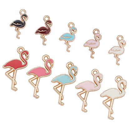 60Pcs 10 Style Light Gold Plated Alloy Enamel Pendants, Pendant Accessories, Flamingo Shape