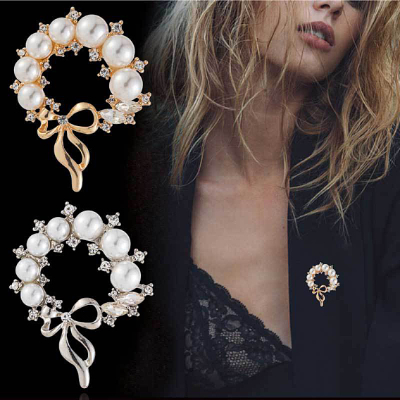 Броши со стразами из цинкового сплава, с пластиковой имитационной жемчужиной, бантом