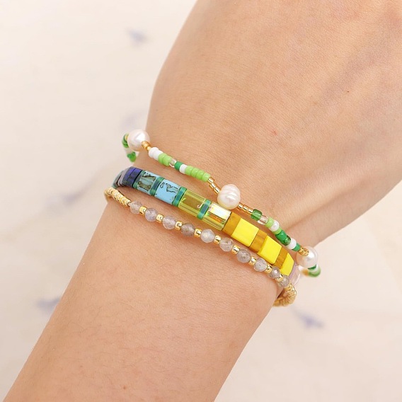 3шт. 3 стили браслетов из стеклянного бисера и натуральных драгоценных камней на эластичной основе для женщин, с пластиковой имитационной жемчужиной